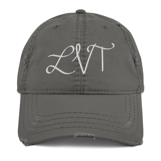 Distressed baseball cap with LVT initials embroidered