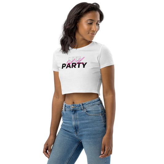 Women's Cropped White Top with Life of he Party front print design
