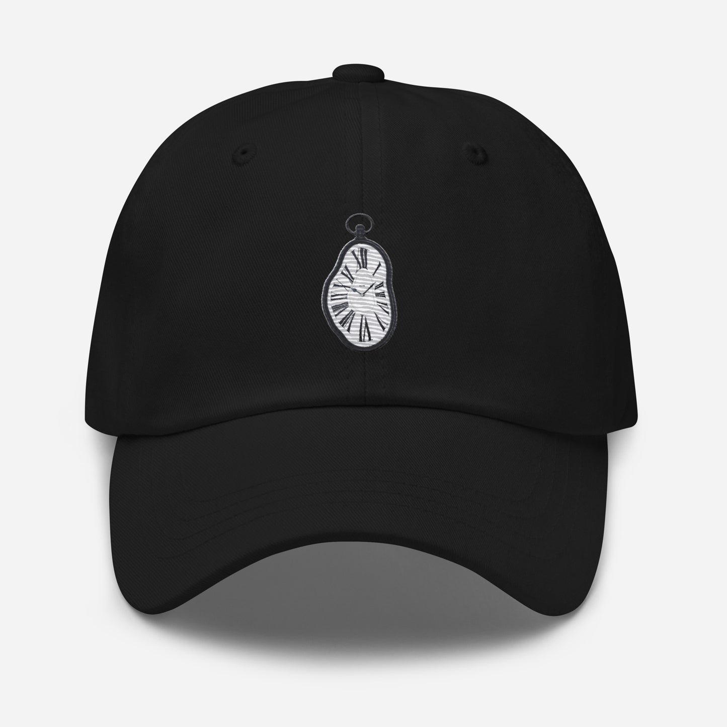 "Timekeeper Cap front view with detailed stopwatch design"