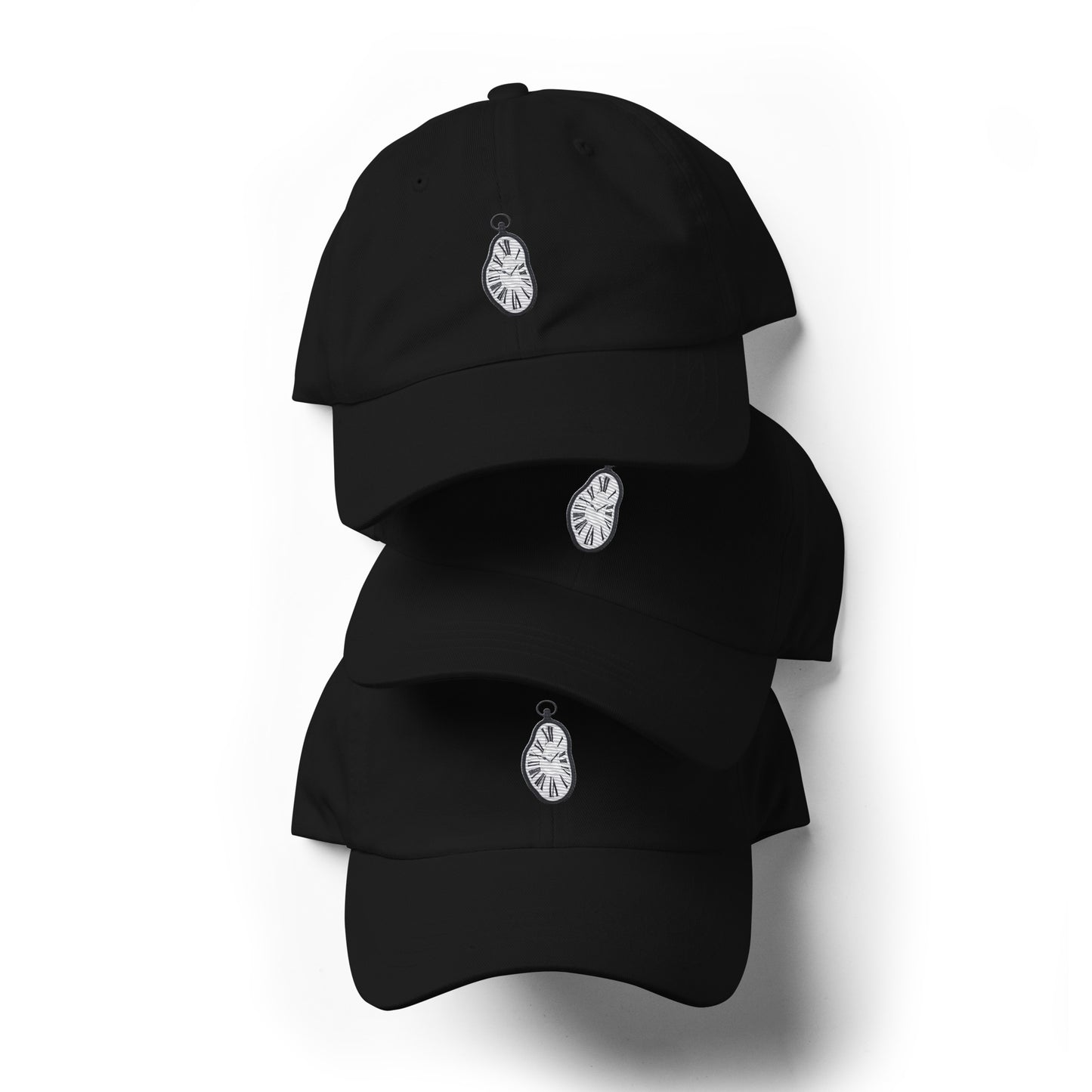 "Black Timekeeper Cap front view with detailed stopwatch design"