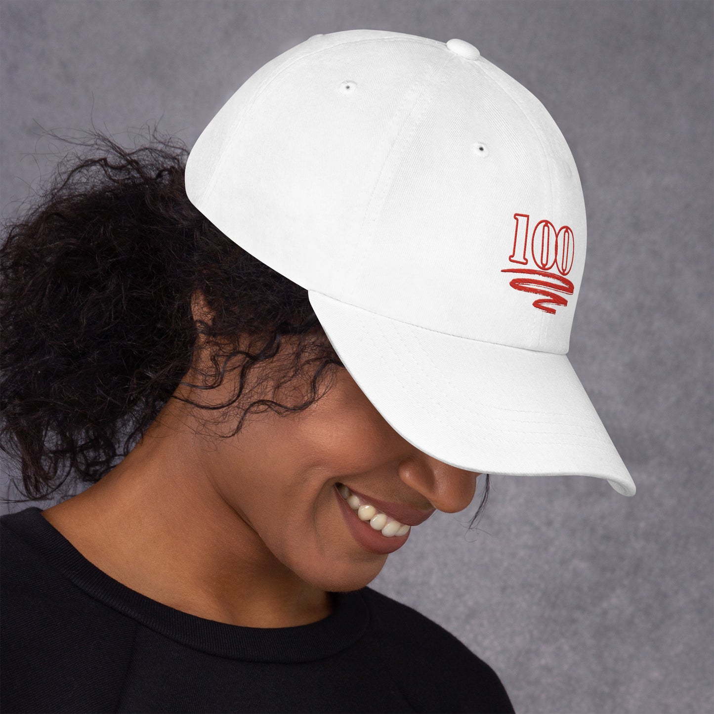 "Model wearing the Century Cap showing right angle in white"