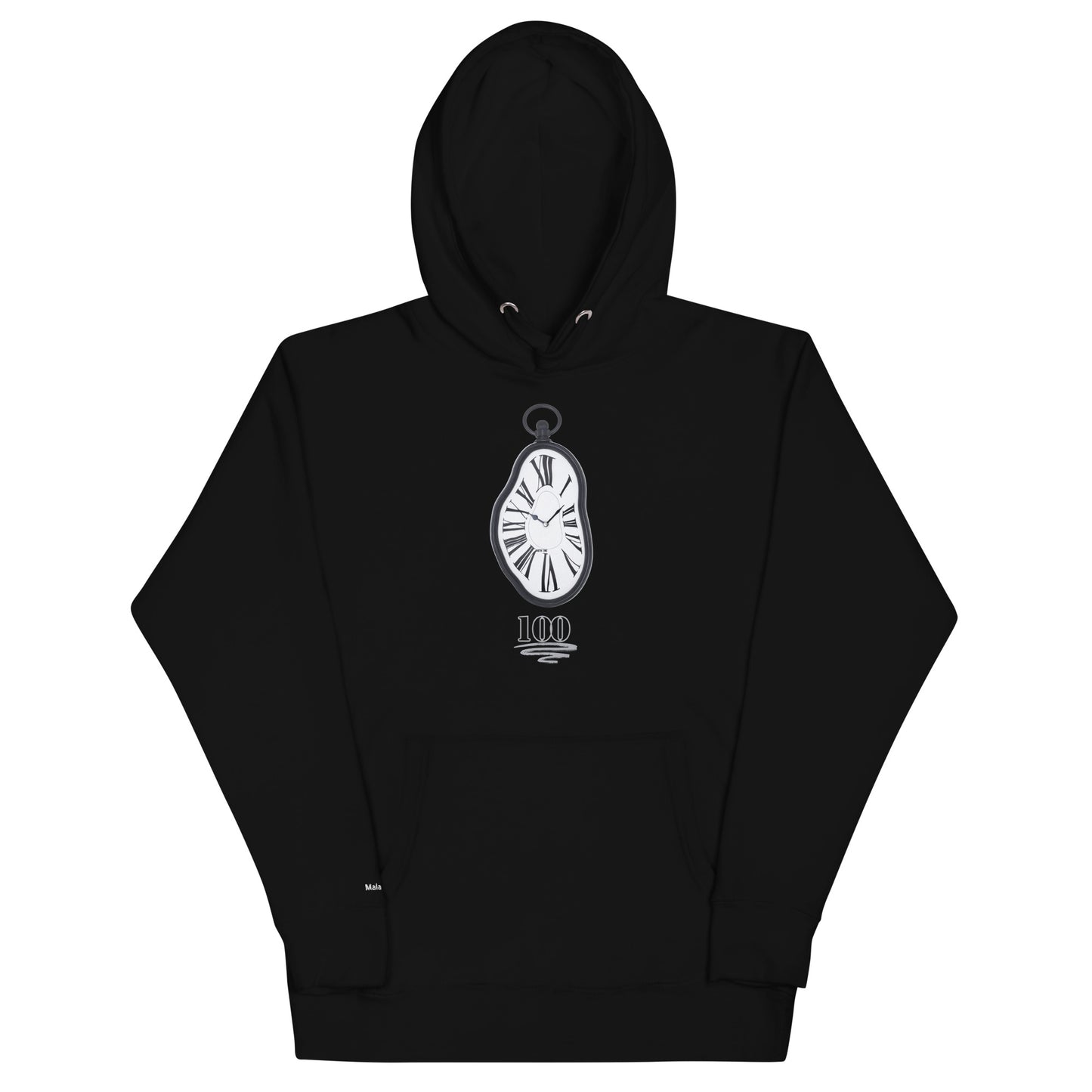 "Black Timekeeper Stopwatch Hoodie front view with detailed design"