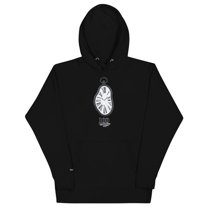 "Black Timekeeper Stopwatch Hoodie front view with detailed design"