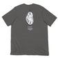 " Grey Timekeeper T-Shirt back view with detailed stopwatch design"