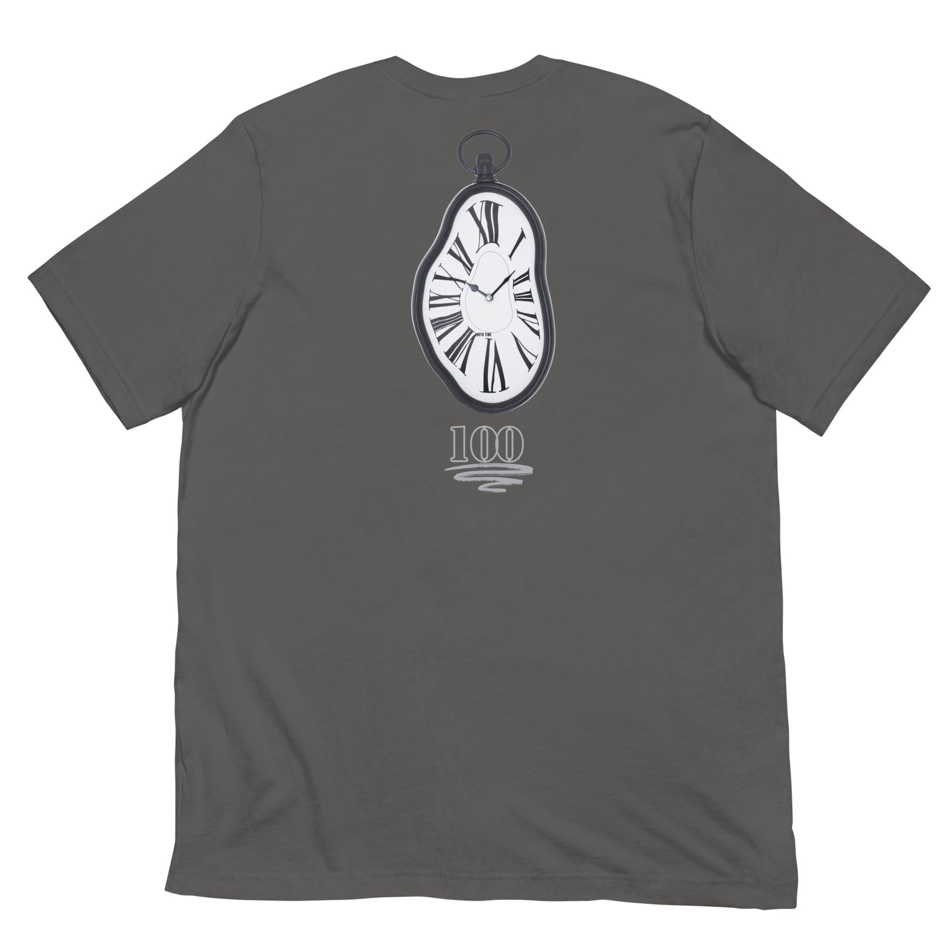 " Grey Timekeeper T-Shirt back view with detailed stopwatch design"