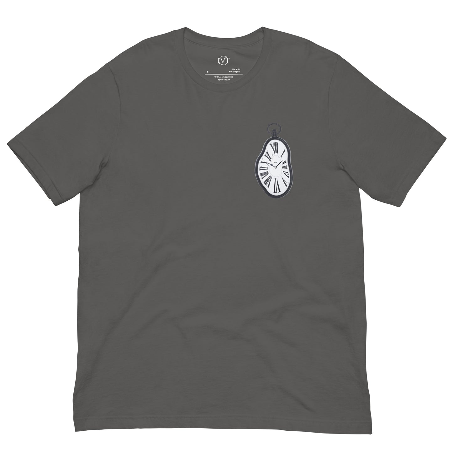 " Grey Timekeeper T-Shirt front view with detailed stopwatch design"