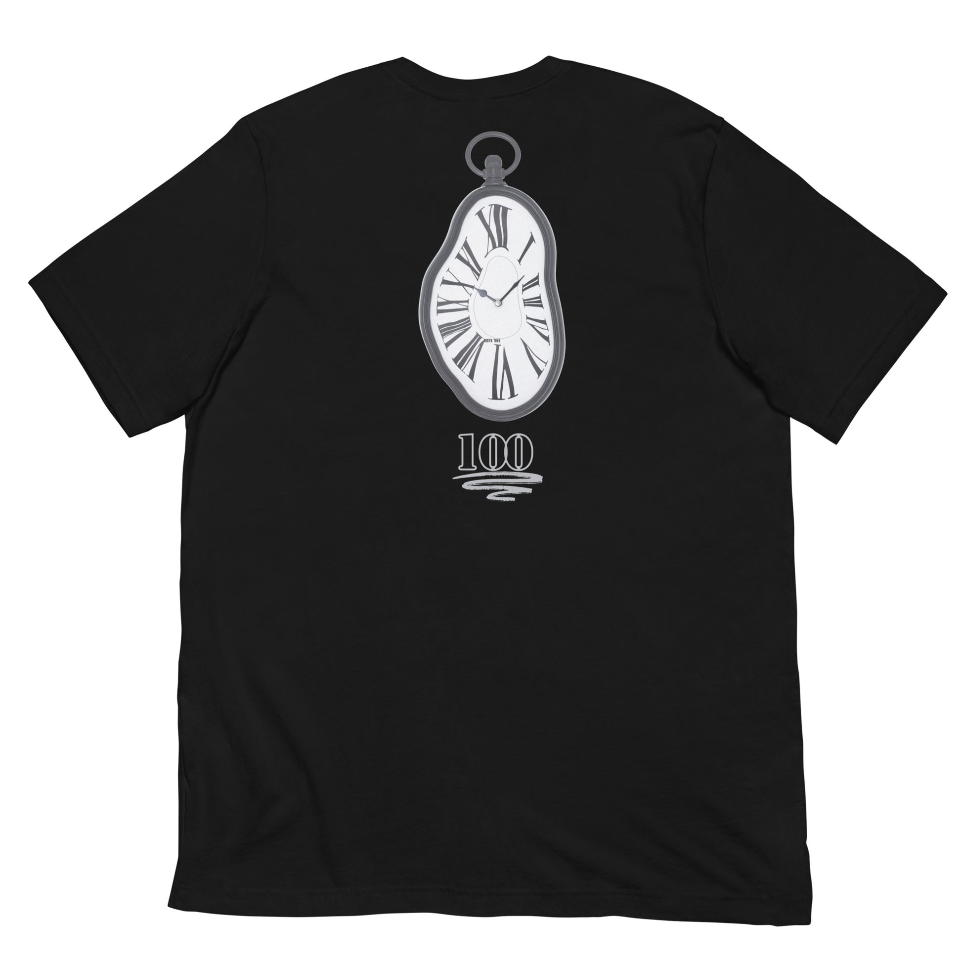 " Black Timekeeper T-Shirt back view with detailed stopwatch design"