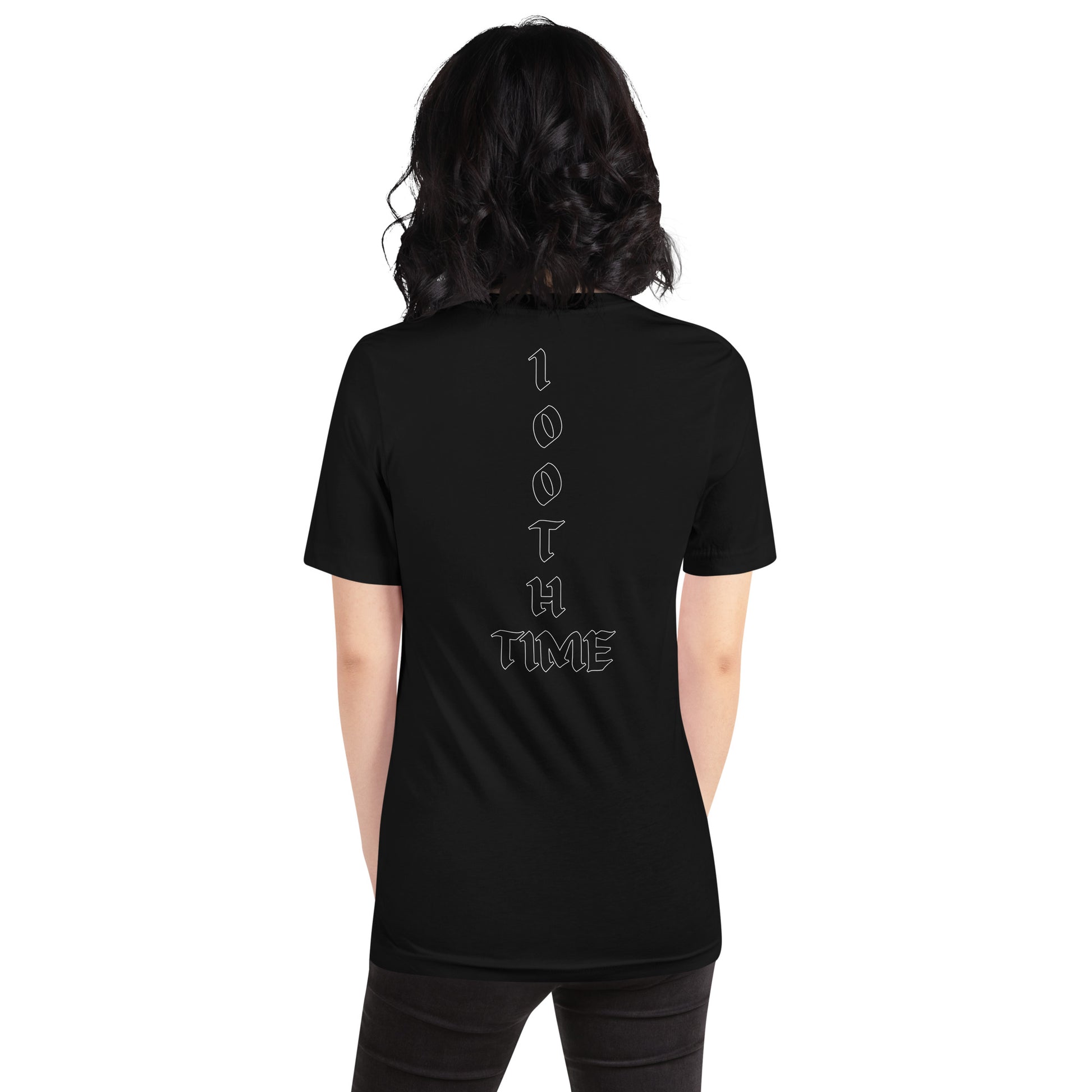 "Model wearing the 100th Time T-Shirt showing back design"