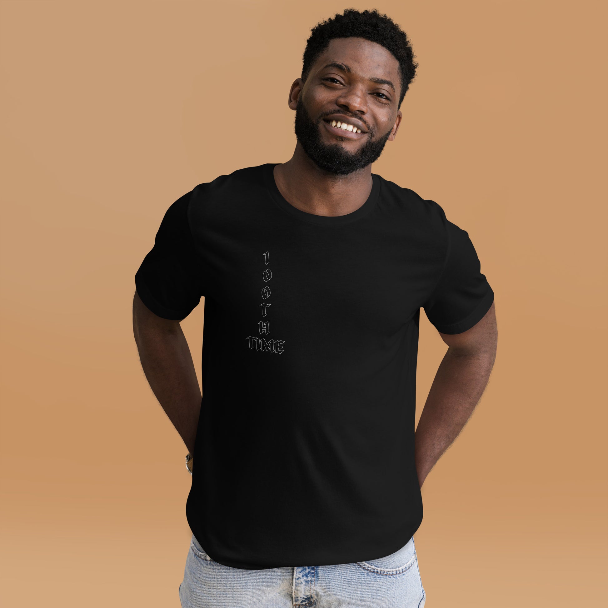 "Model wearing the 100th Time T-Shirt showing front design"