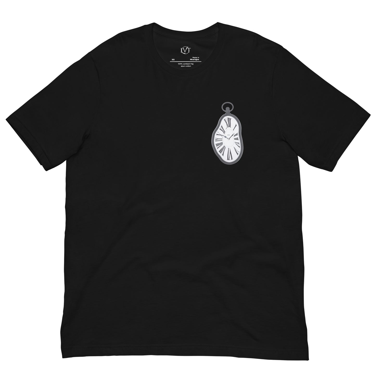 " Black Timekeeper T-Shirt front view with detailed stopwatch design"