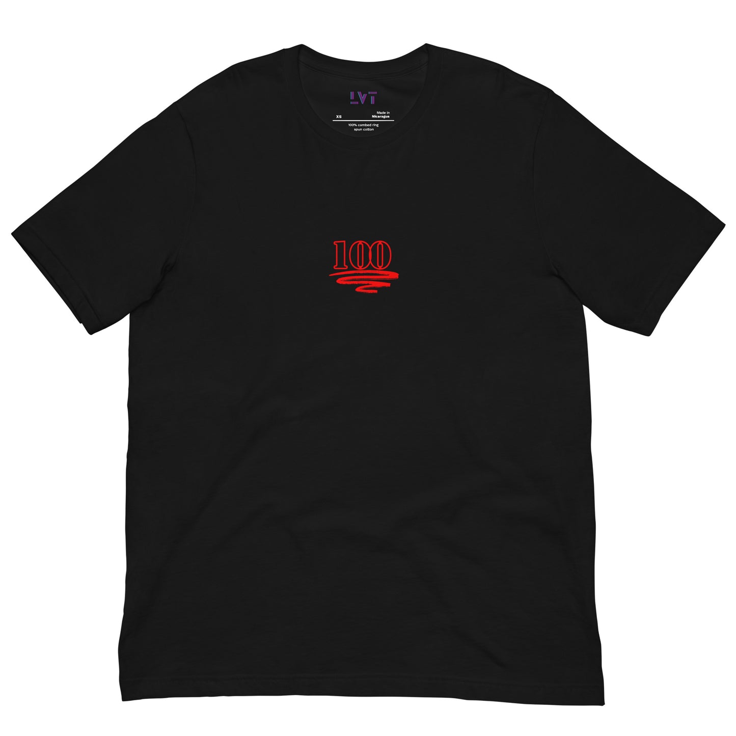 "Century Black Tee front view with '100' design"