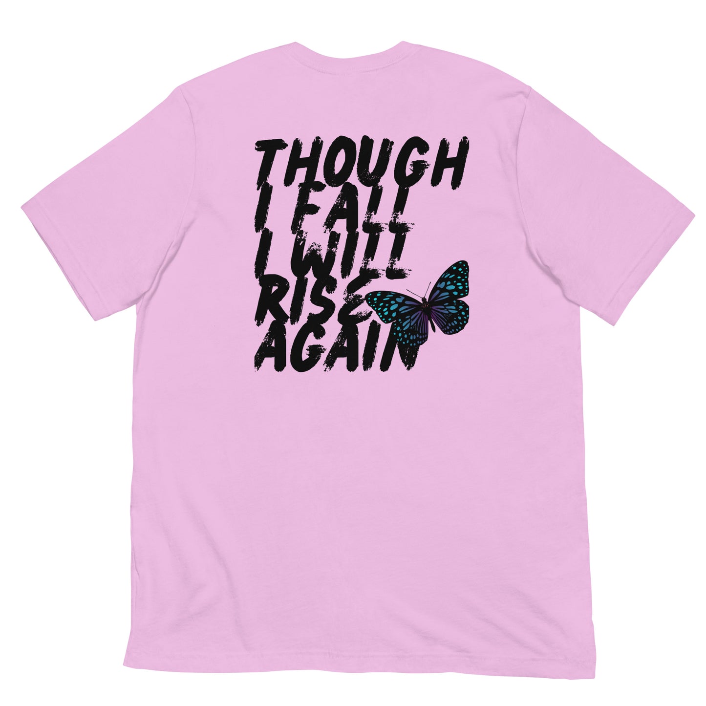 "Rise Again Lilac T-Shirt back view with inspiring 'Though I Fall I Will Rise Again' message"