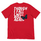 " Red Rise Again T-Shirt back view with inspiring 'Though I Fall I Will Rise Again' message"